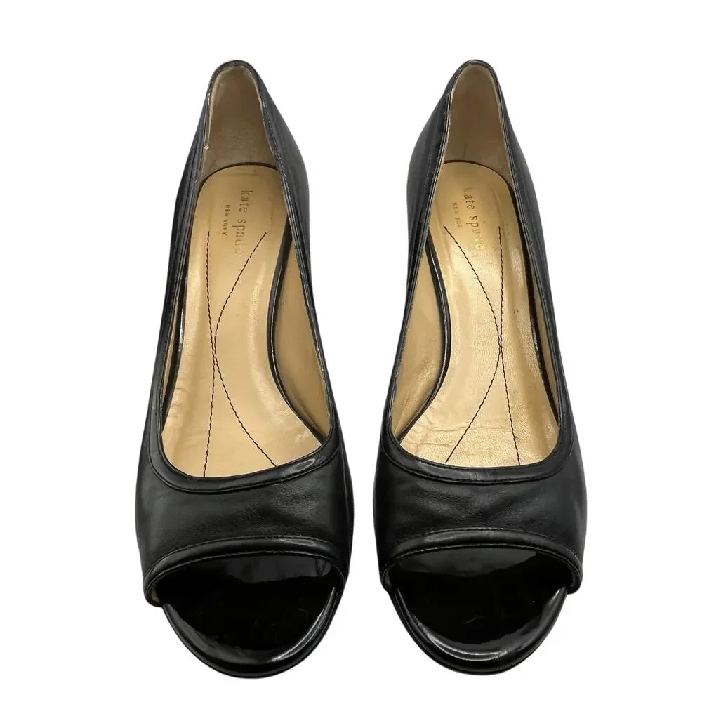 Kate Spade Heels Pumps Women SZ 9.5 Black Leather Open Toe 3 Inch Heels Classic